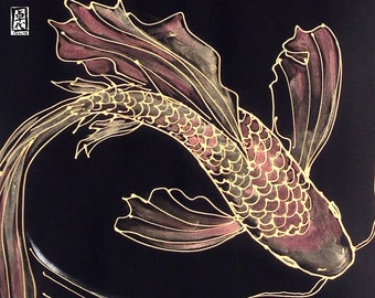 Black Silk Scarf Handpainted, Japanese Gold and Red Koi Scarf, Large Silk Scarf, Silk Scarves Takuyo, 14x72 inches. Made to order.