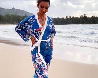 Blue Japanese Floral Long Kimono Robe