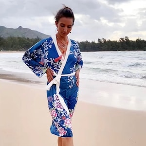 Blue Japanese Floral Long Kimono Robe