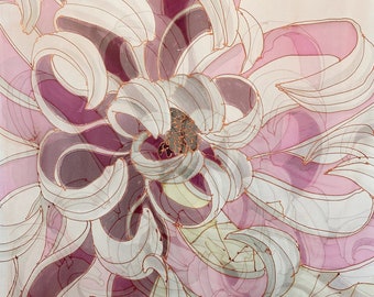 In Stock, Ready to ship, Hand Painted Silk Chiffon Shawl Wrap, Beige Japanese Chrysanthemum Maiko Flowers, Japanese Gift