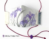 Organic Cotton Face Mask Washable with Silk Lining, Womens Face mask filter pocket, Hand Painted Purple Japanese Iris, Silk Takuyo
