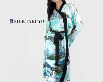 Japanese Kimono Robe for Women Long Blue, Winter Crane Stormy Ocean, Made to order