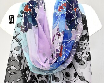 Hand Painted Silk Shawl, Japanese Floral Kimono Shawl, Unique Gift, Blue Silk Shawl, Twilight Peony Garden, Silk Takuyo, Made to order