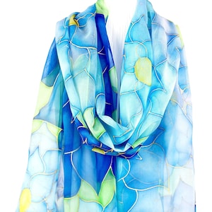 Hand Painted Blue Silk Chiffon Wraps Shawl, Blue Floral Mandala