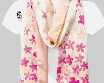 Personalized Japanese Gifts for her, Hand Painted Silk Charmeuse Scarf, Pink and Peach Spring Japanese Cherry Blossoms