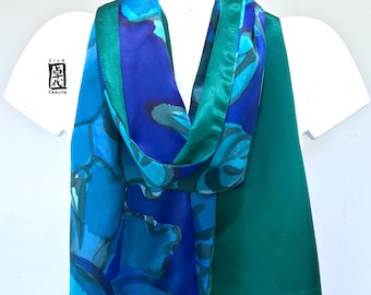 omkeerbare Charmeuse zijden sjaal Zijden sjaal handgeschilderd groen en blauw pioenroos Accessoires Sjaals & omslagdoeken Sjaals 