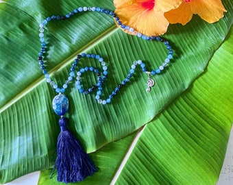 Blue Kyanite Mala Bead Necklace, Ocean Mermaid Prayer Necklace, Handmade in Kauai, Hawaii