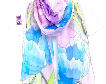 Hand Painted Tulip Silk Scarf, Purple Sheer Silk Chiffon Scarf, Japanese gift for her