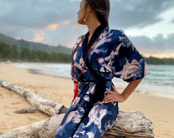 Japanese Kimono Robe, Black and Navy Midnight Koi