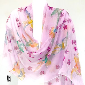 Hand Painted Pink Chiffon SIlk Shawl Wrap, Japanese Cherry Blossom with Spring Hummingbirds, Made to order image 2