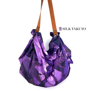 Japanese Fabric Knot Bag for Women, Shoulder Tote Bag, Purple Midnight Peony, Made to order
