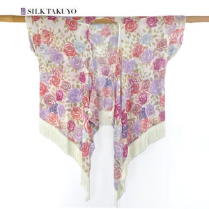 Sheer Kimono Cardigan, Beach Cover Up Boho Chiffon Kimono, White Kyoto Rose by Silk Takuyo