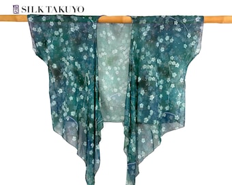 Turquoise Sheer Kimono Cardigan Top, Unique Gift for her, Kimono Robe Sheer beach cover up Wedding, Japanese Night Cherry Blossom Turquoise