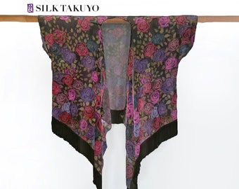 Sheer Kimono Top, Fringed Kimono Unique Gift for Her, Kyoto Rose Black, Made to order