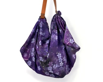 Shoulder Bag, Unique Gift Japanese fabric Crossbody Bag, Scarf Beach bag, Purple Cherry Blossom Night Sakura