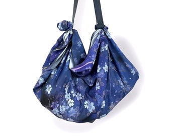 Japanese Art Shoulder Bag, beach bag, Scarf Bag, Dark Blue Night Sakura Cherry Blossom