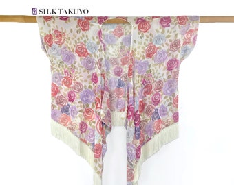 Sheer Kimono Cardigan, Beach Cover Up Boho Chiffon Kimono, White Kyoto Rose by Silk Takuyo