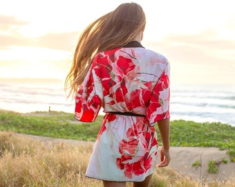 Japanese Kimono Robe, Passion Red Peony