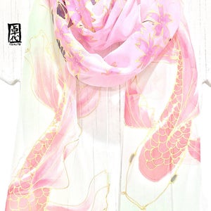 Silk Scarf Women, Handpainted Koi Art, Koi Scarf, Japanese Scarf, Takuyo, Hand Painted Scarf, Pink Cherry Blossom and Red Koi, made to order image 4