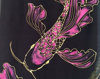 Black Silk Scarf Handpainted, Pink and Gold Koi Scarf, Gift for her, Japanese Scarf, Silk Scarves Takuyo, 14x72 inches. Made to order.