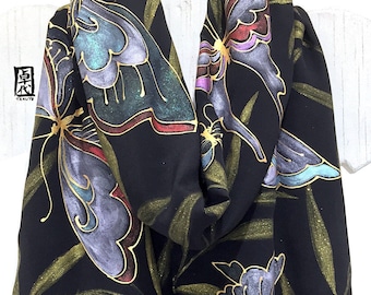 Hand Painted Silk Scarf, Japan Silk Scarf, Japanese Gift, silk woman scarf, Butterfly Gift, Black Silk Scarf, Golden Geisha Kimono Butterfly