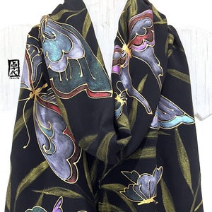 Hand Painted Silk Scarf, Japan Silk Scarf, Japanese Gift, silk woman scarf, Butterfly Gift, Black Silk Scarf, Golden Geisha Kimono Butterfly