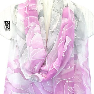 Wedding silk shawl, Hand Painted Silk Shawl, chiffon Silk scarf Pink and Gray, silk painting, kimono shawl Pink and Gray Rose, Made to order image 2
