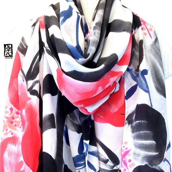 Hand Painted Silk Shawl, Christmas Gift, Silk Wrap, Black and Red Scarf, Japanese Red and Black Primrose Wrap, Silk Crepe, 44x72 inches.