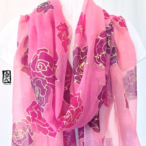 Personalized Gift Hand Painted Silk Shawl Wrap, Japanese Art Print Scarf, Pink and Gold Roses