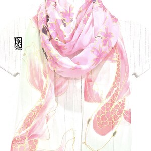 Silk Scarf Women, Handpainted Koi Art, Koi Scarf, Japanese Scarf, Takuyo, Hand Painted Scarf, Pink Cherry Blossom and Red Koi, made to order image 1