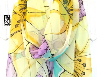 Large Silk Scarf Hand Painted, ETSY, Yellow Chiffon Scarf Silk, Yellow Lilies and Purple Poppies, T14x72 inch, Made to order