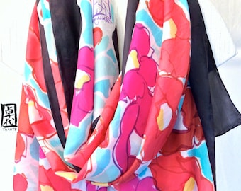 Hand Painted Silk Scarf, Japanese Silk Scarf, Large Silk Scarf, Pink Floral Scarf, Black Scarf, Large Silk Wrap, Japanese Camellia, Takuyo