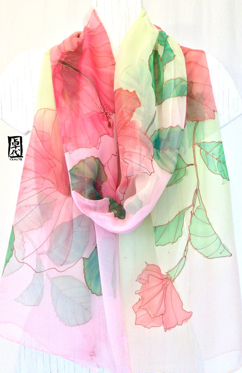 Hand Painted Silk Shawl Gift for her Pastel Pink and Green Etsy