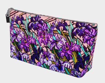 Pink Iris Japanese Art Print Canvas Make up Bag, Cosmetic Bag Zipper Pouch, Unique Gift for Women,