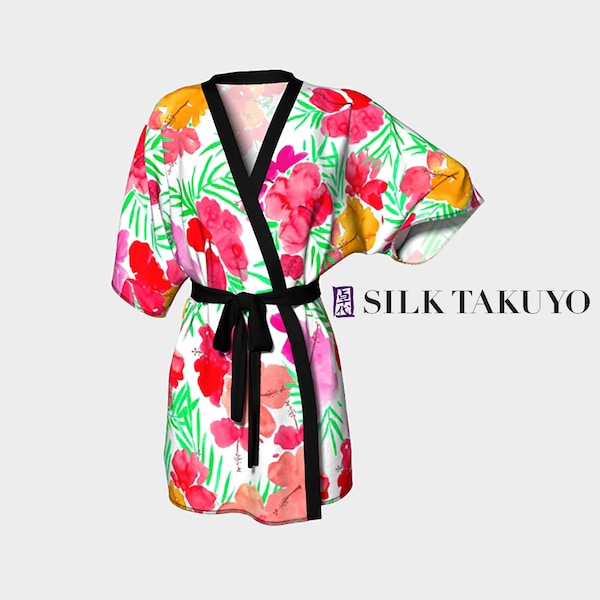 Hawaiian Floral Kimono Robe Short, Tropical Print, Red Hibiscus Tea Party, Made to order