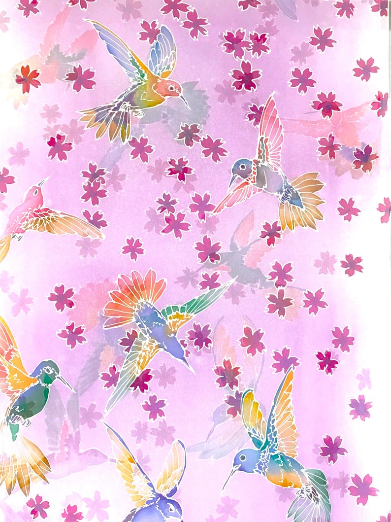 Hand Painted Pink Chiffon SIlk Shawl Wrap, Japanese Cherry Blossom with Spring Hummingbirds, Made to order image 1