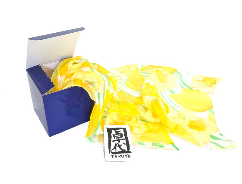 Hand Painted Silk Scarf, orange silk scarf, Japanese Scarf, Silk Painting, Art Scarf, Silk Chiffon Scarf, Japanese Freesia, Made to order image 10