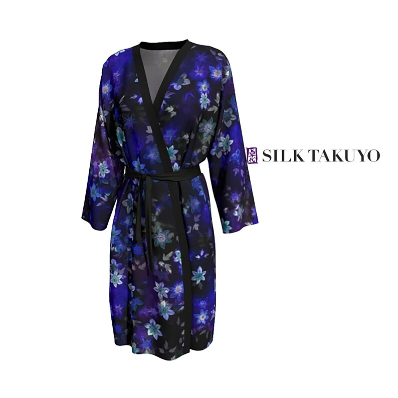 Kimono Robe shops Long, Dark Blue Clematis Vine