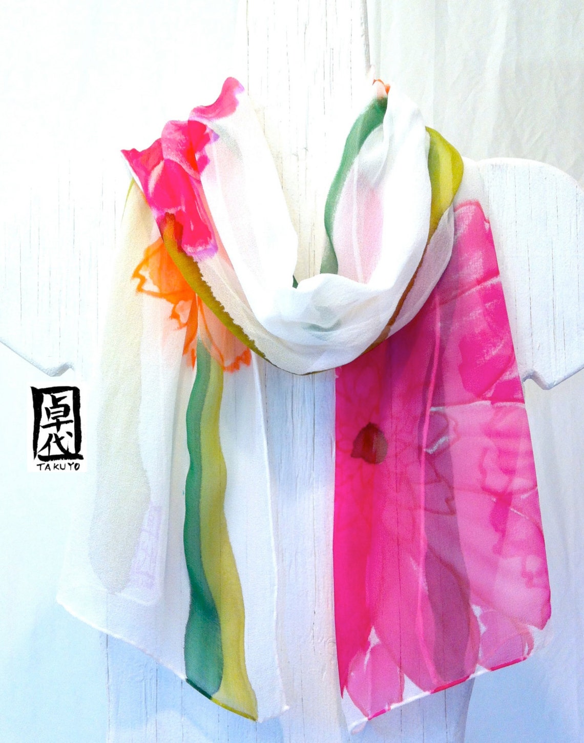 Silk Scarf Handpainted Summer Pink and Orange Garbera Daisy Etsy