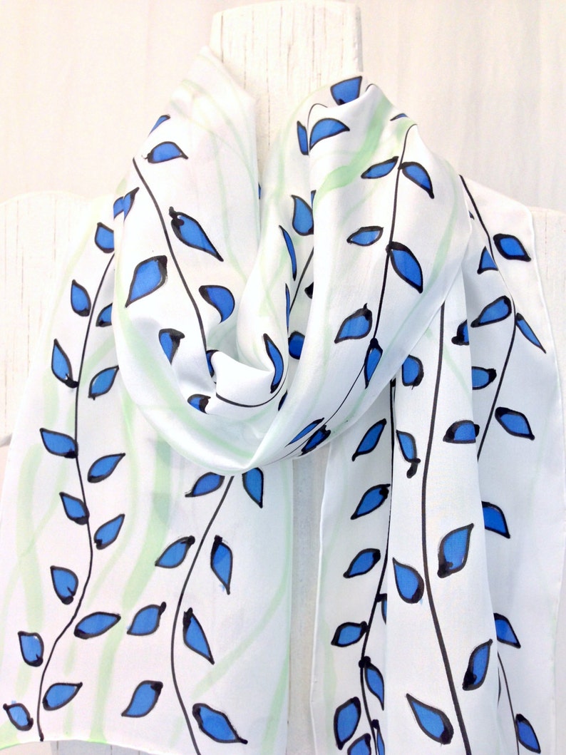 Hand Painted Silk Scarf, Blue and Green Vines Summer Scarf, White Silk Scarf, Silk Scarves Takuyo. Approx 11x60 inches. Made to order. image 4