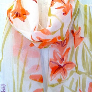 Hand Painted Silk Scarf, orange silk scarf, Japanese Scarf, Silk Painting, Art Scarf, Silk Chiffon Scarf, Japanese Freesia, Made to order image 9
