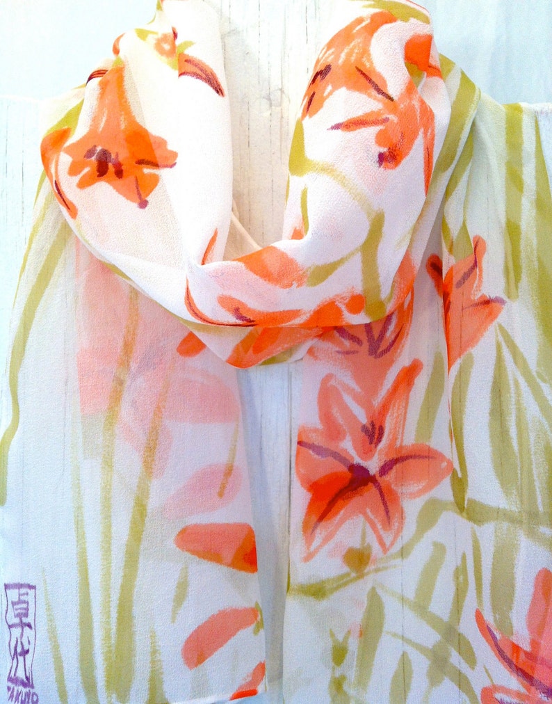 Hand Painted Silk Scarf, orange silk scarf, Japanese Scarf, Silk Painting, Art Scarf, Silk Chiffon Scarf, Japanese Freesia, Made to order image 9