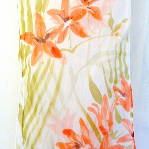 Hand Painted Silk Scarf, orange silk scarf, Japanese Scarf, Silk Painting, Art Scarf, Silk Chiffon Scarf, Japanese Freesia, Made to order image 4