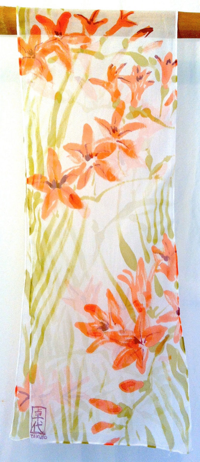 Hand Painted Silk Scarf, orange silk scarf, Japanese Scarf, Silk Painting, Art Scarf, Silk Chiffon Scarf, Japanese Freesia, Made to order image 4