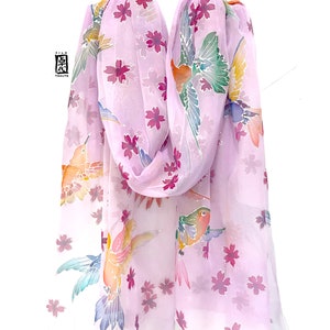 Hand Painted Pink Chiffon SIlk Shawl Wrap, Japanese Cherry Blossom with Spring Hummingbirds, Made to order image 5