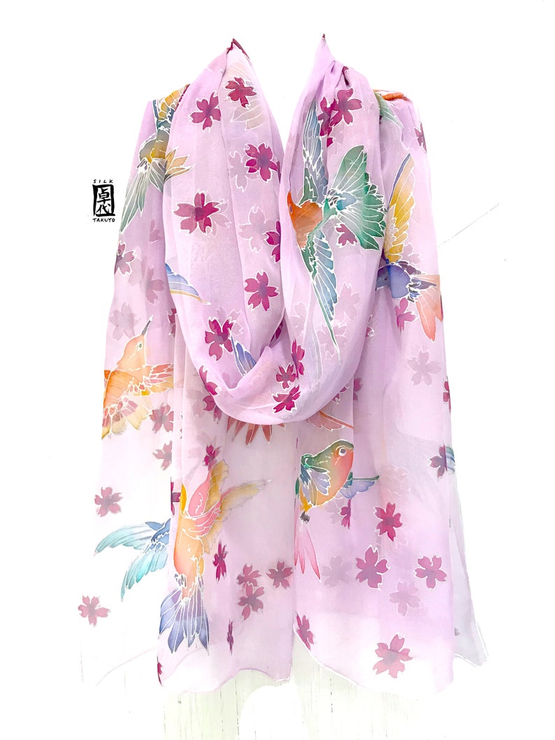 Hand Painted Pink Chiffon SIlk Shawl Wrap, Japanese Cherry Blossom with Spring Hummingbirds, Made to order image 5