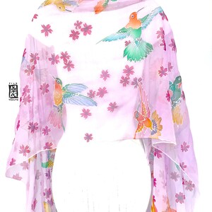 Hand Painted Pink Chiffon SIlk Shawl Wrap, Japanese Cherry Blossom with Spring Hummingbirds, Made to order image 8