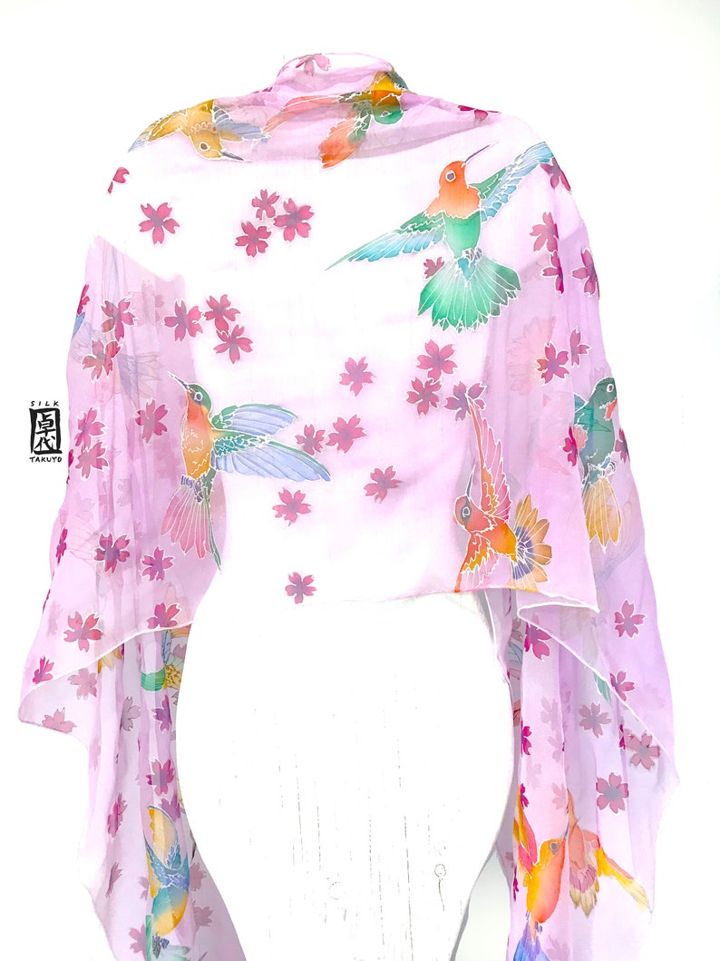 Hand Painted Pink Chiffon SIlk Shawl Wrap, Japanese Cherry Blossom with Spring Hummingbirds, Made to order image 8