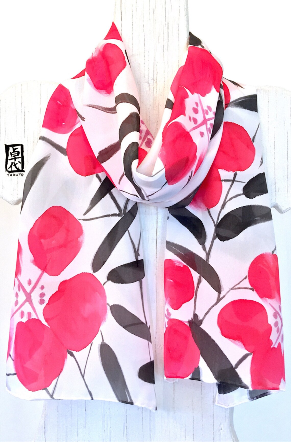 Silk Scarf Handpainted Red Floral Scarf Silk Scarf Women Etsy