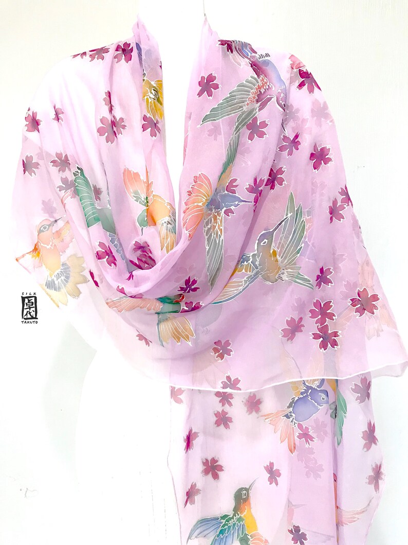 Hand Painted Pink Chiffon SIlk Shawl Wrap, Japanese Cherry Blossom with Spring Hummingbirds, Made to order image 7